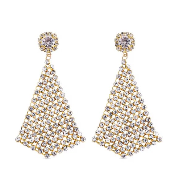 White Austrian Crystal Earrings in Goldtone Triangle Shape - Picture 1 of 7